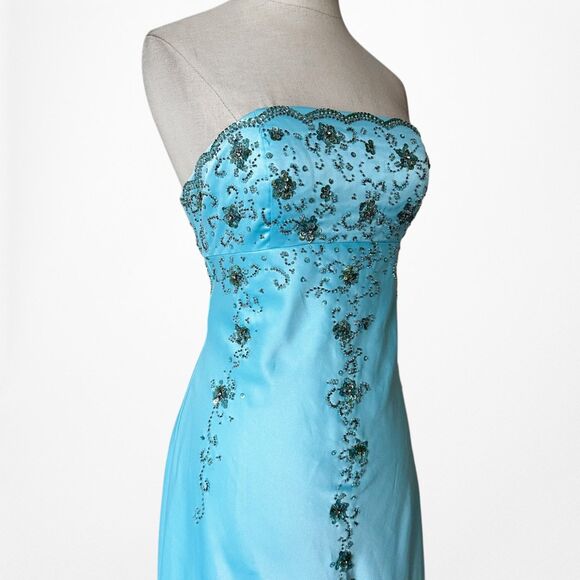 Vintage Y2K Pastel Blue Strapless Floral Beaded Satin Maxi Prom Dress Size S - Picture 6 of 14